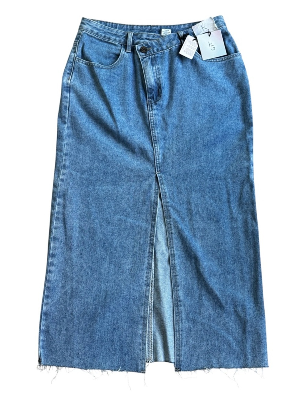HAPPILY GREY Denim Front Slit Midi Skirt Raw Hem Asymmetrical Waistband 7/27 - Picture 11 of 11